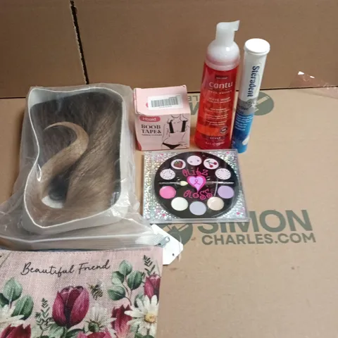 APPROXIMATEY 20 ASSORTED HEALTH AND BEAUTY PRODUCTS TO INCLUDE - STERADENT FALSE TEETH TABLETS - CANTU WAVE WHIP CURLING MOUSSE AND BEAUTIFUL FRIEND COSMETICS BAG