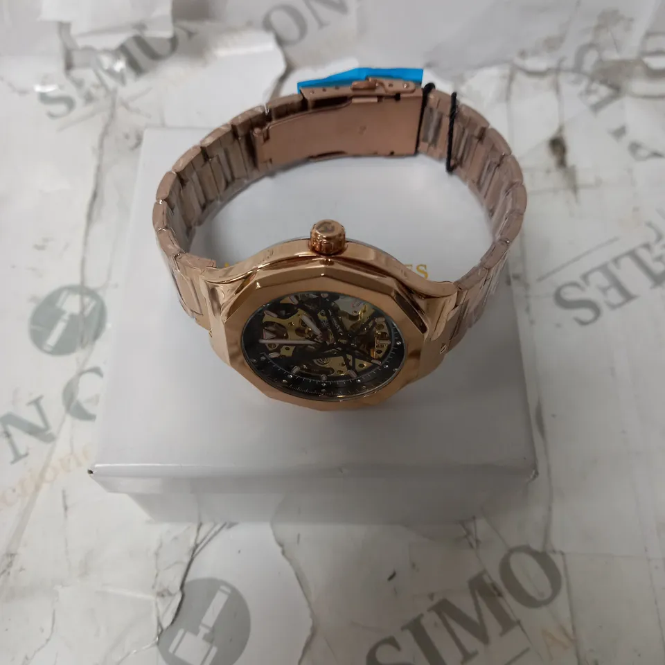 BOXED ANTHONY JAMES GENTS SPORTS SKELETON WATCH WITH STAINLESS STEEL BRACELET - 3ATM. 
