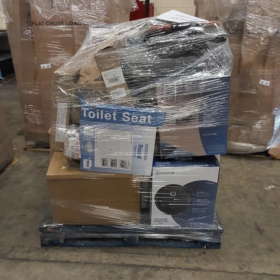 PALLET TO CONTAIN HOUSEHOLD ITEMS. INCLUDES VACUUM MOPPING ROBOTS, ELECTRIC HEATER, TOILET SEAT, CHEST FREEZER ETC