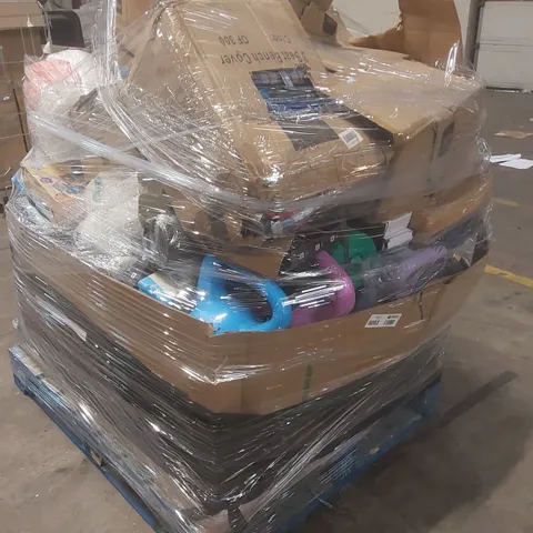 PALLET CONTAINING A LARGE QUANTITY OF ASSORTED CONSUMER PRODUCTS INCLUDING: EXERCISE BALLS, RETRACTABLE DOG LEADS, KETTLE BELL WEIGHTS ECT