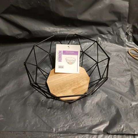GEOMETRIC WIRE-FRAMED FRUIT BOWL WITH WOODEN BASE