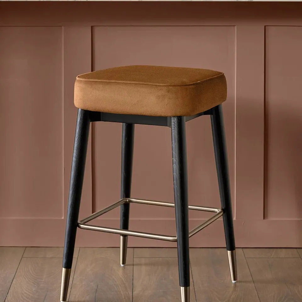 BOXED DANETTI CLOVER CARAMEL FABRIC BACKLESS BRUSHED BRONZE BAR STOOL