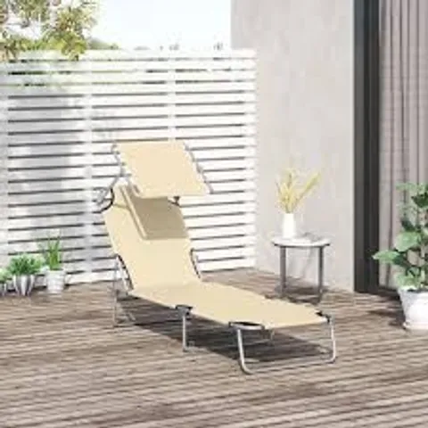 BOXED OUTSUNNY OUTDOOR FOLDABLE SUN LOUNGER, 4 LEVEL ADJUSTABLE BACKREST RECLINING SUN LOUNGER CHAIR WITH ANGLE ADJUST SUN SHADE AWNING FOR BEACH, GARDEN, PATIO, BEIGE