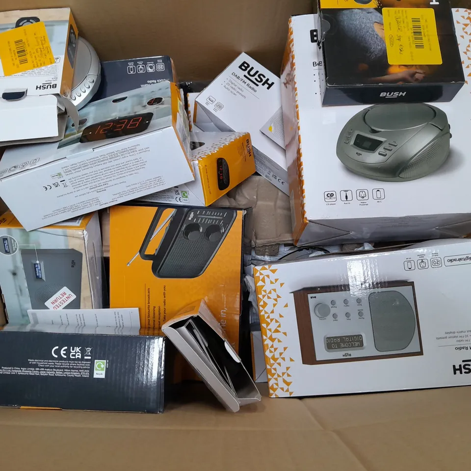 BOX OF APPROXIMATELY 15 ASSORTED ITEMS TO INCLUDE - BUSH PORTABLE CD PLAYER , RADIO , LED ALARM CLOCK RADIO ETC