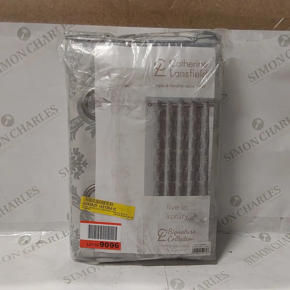 BAGGED DAMASK JACQUARD LINED EYELET CURTAINS - 66 x 90", SILVER GREY (SET OF 2)