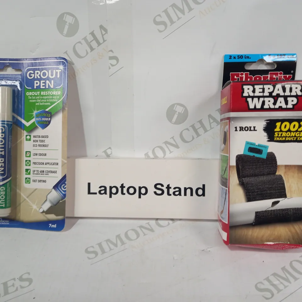 LOT OF APPROXIMATELY 10 ASSORTED HOUSEHOLD ITEMS TO INCLUDE REPAIR WRAP, LAPTOP STAND, GROUT PEN, ETC