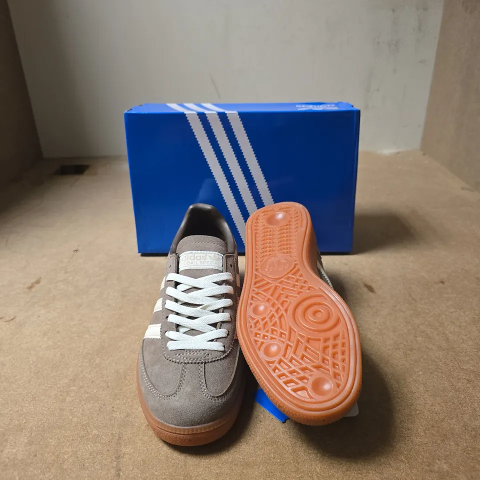 ADIDAS HANDBALL SPEZIAL BROWN SUEDE TRAINERS WITH WHITE STRIPES – BOXED - UK SIZE 5