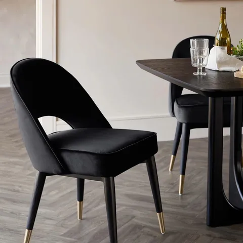 BOXED PAIR OF CLOVER BLACK VELVET DINING CHAIRS