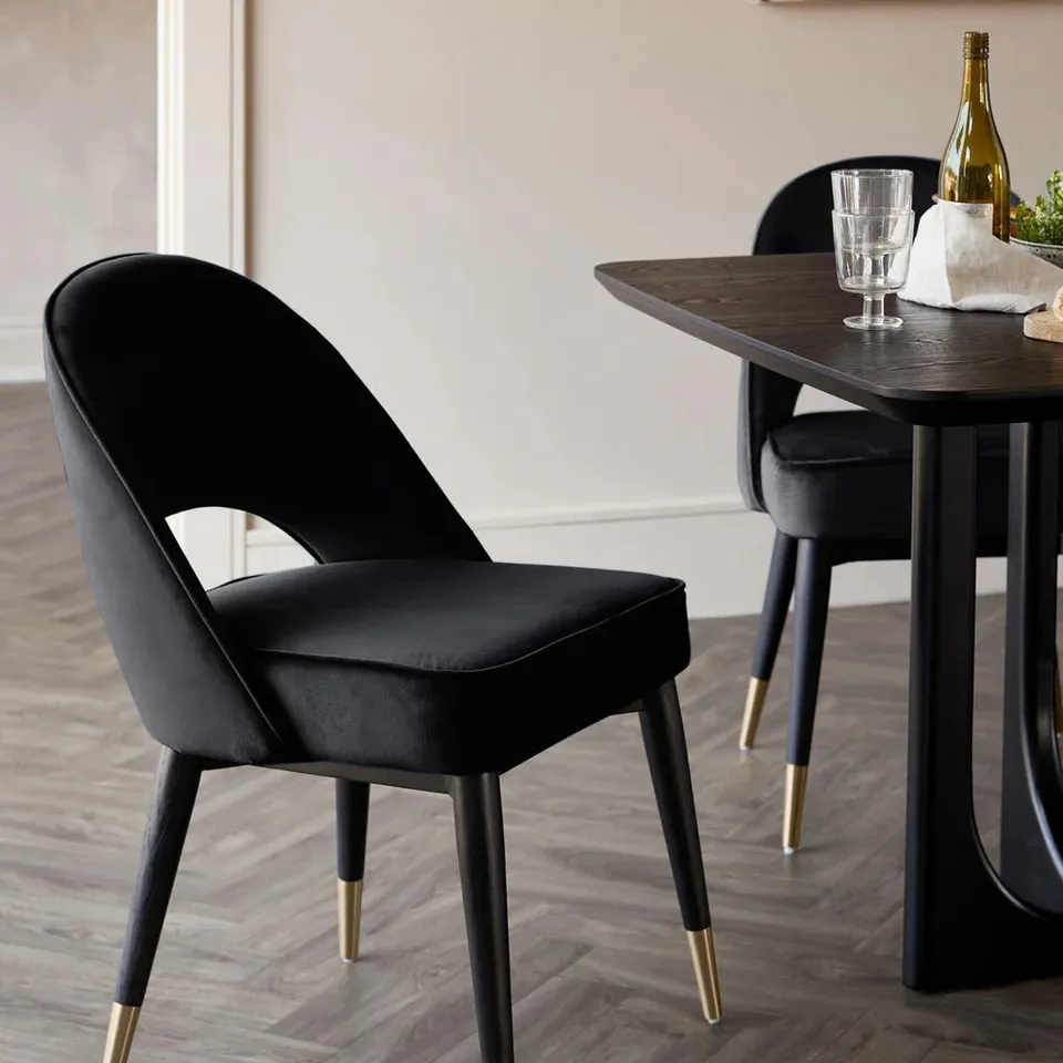 BOXED PAIR OF CLOVER BLACK VELVET DINING CHAIRS