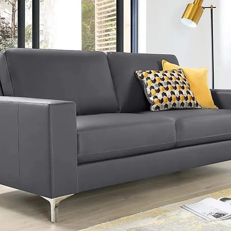 BOXED DESIGNER BALTIMORE GREY FAUX LEATHER THREE SEATER SOFA 