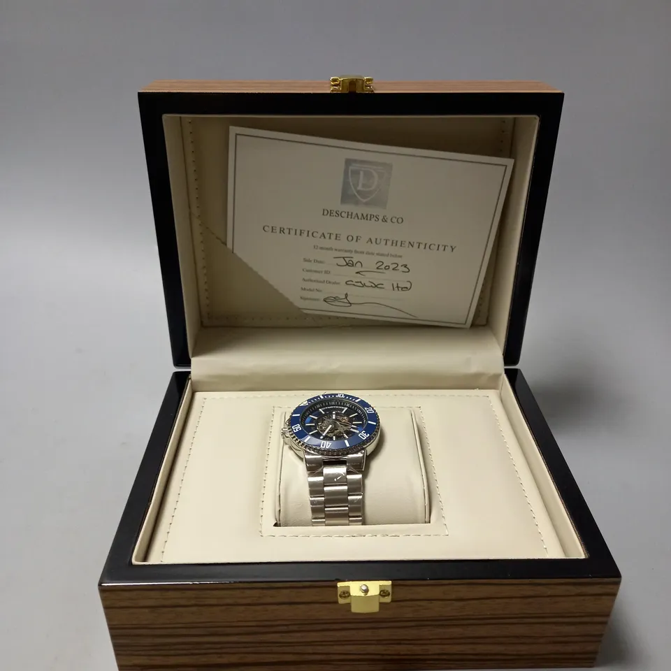 MENS DESCHAMPS & CO AUTOMATIC WATCH – SKELETON DIAL – CERAMIC BEZEL - STAINLESS STRAP – WOODEN GIFT BOX 