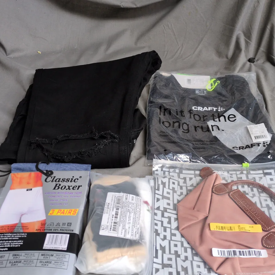 APPROXIMATELY 25 ASSORTED CLOTHING PRODUCTS IN VARIOUS STYLES & SIZES TO INCLUDE PANTS, T-SHIRTS, DRESSES ETC