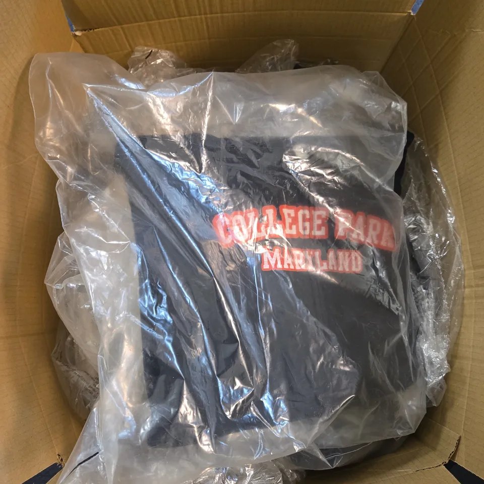 BOX OF APPROXIMATELY 18 ASSORTED CLOTHING ITEMS TO INCLUDE WACOAL BLACK SPORTS BRA, "COLLEGE PARK MARYLAND" HOODIE ETC