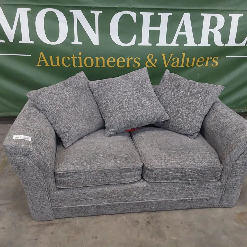DESIGNER TWO SEATER SOFA WITH SCATTER CUSHIONS GREY FABRIC 