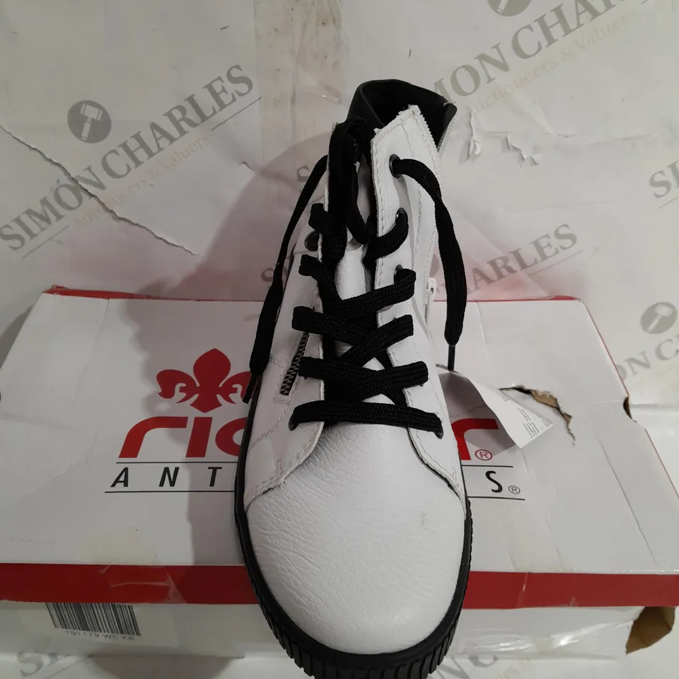 BOXED PAIR OF RIEKER HIGH TOP CUFFED TRAINERS WHITE SIZE 8