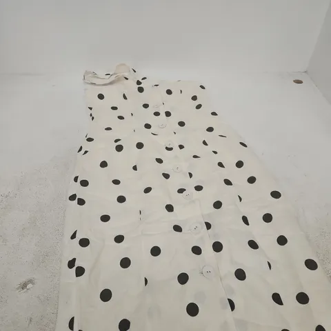 NOBODY'S CHILD WRAP NECK TAILORED MIDI DRESS – WHITE WITH BLACK POLKA DOTS, UK 10
