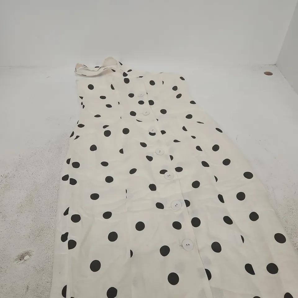 NOBODY'S CHILD WRAP NECK TAILORED MIDI DRESS – WHITE WITH BLACK POLKA DOTS, UK 10