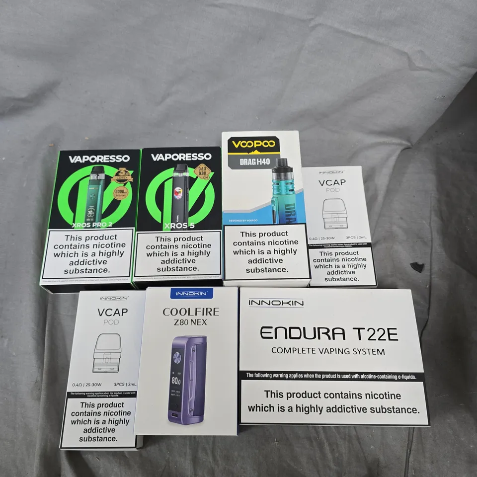APPROXIMATELY 15 ASSORTED E-CIG PRODUCTS AND ACCESSORIES TO INCLUDE VAPORESSO, VOOPOO, INNOKIN ETC 