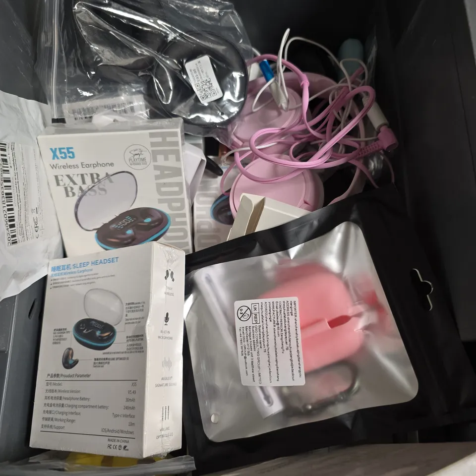 TOTE OF APPROX 10 ASSORTED HEADPHONES TOO INCLUDE WIRELESS EARBUDS AND  WIRED EARPHONES , ETC 