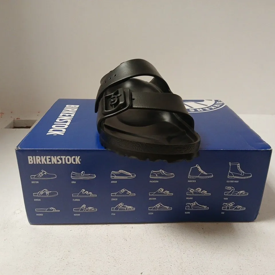 BOXED PAIR OF BIRKENSTOCK ARIZONA EVA OPEN TOE SANDALS IN BLACK SIZE UK 10.5