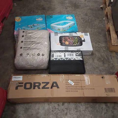 PALLET OF ASSORTED ITEMS INCLUDING: INFLATABLE SWIMMING POOLS, ELECTRIC GRILL, FORZA PROFLEX POP-UP GOAL, RUG, MAT ECT