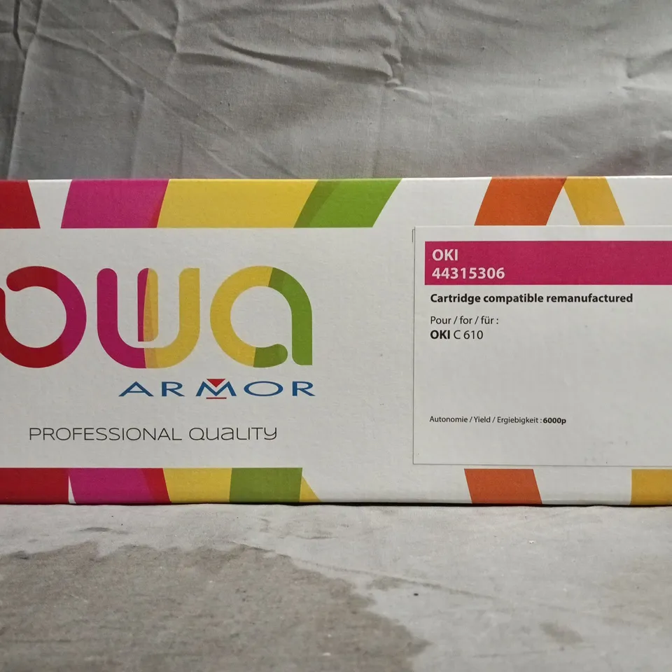 BOX OF APPROXIMATELY 10 ASSORTED HOUSEHOLD AND ELECTRICAL ITEMS TO INCLUDE OWA ARMOR TONER CARTRIDGE, ETC - COLLECTION ONLY