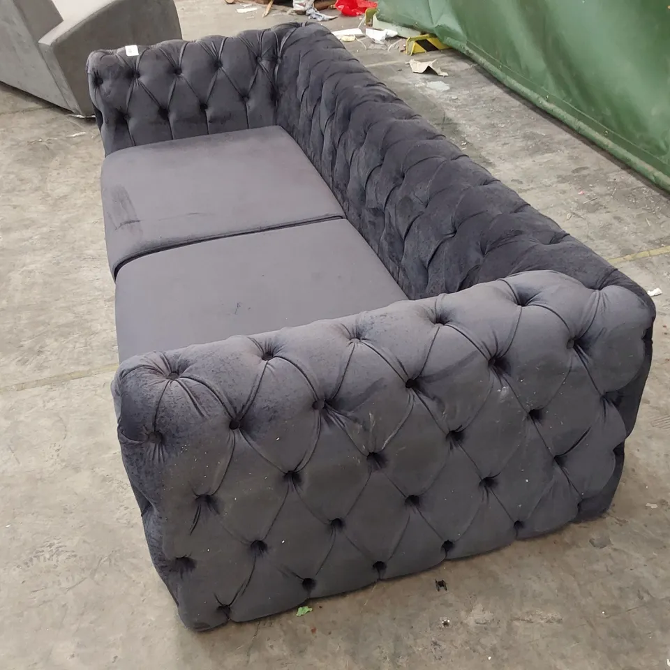 QUALITY DESIGNER 3 SEATER DEEP BUTTONED MIDNIGHT BLUE PLUSH FABRIC SOFA