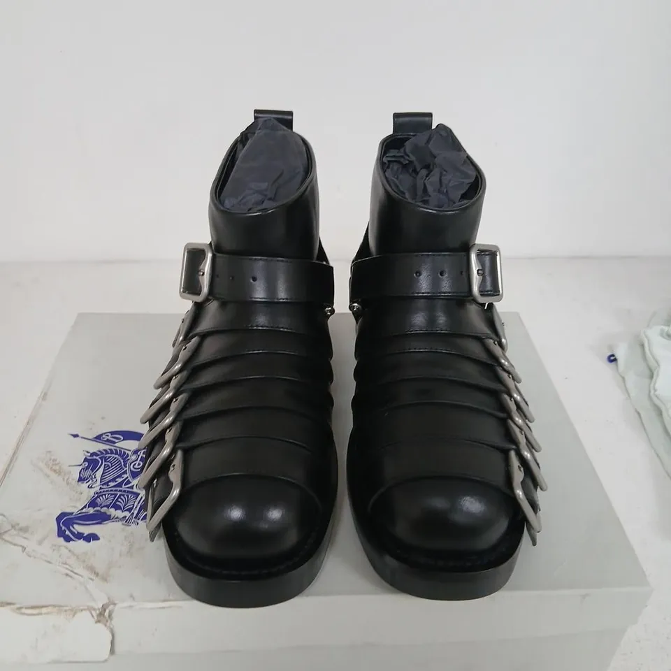 BURBERRY LEATHER BOOTS, UK 6.5 (EU 39.5), BLACK, BUCKLED ANKLE BOOTS