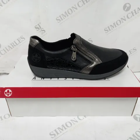 BOXED PAIR OF RIEKER TRAINER SHOE WITH ZIP IN BLACK UK SIZE 5