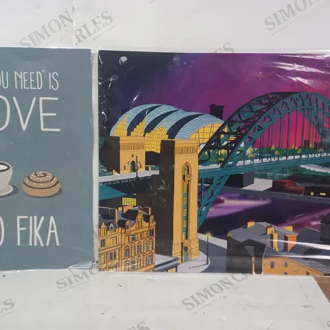 BOX OF APPROXIMATELY 20 ASSORTED ARTWORK ITEMS TO INCLUDE LANDSCAPE ART PRINT, ALL YOU NEED IS LOVE AND FIKA ART PRINT, ETC