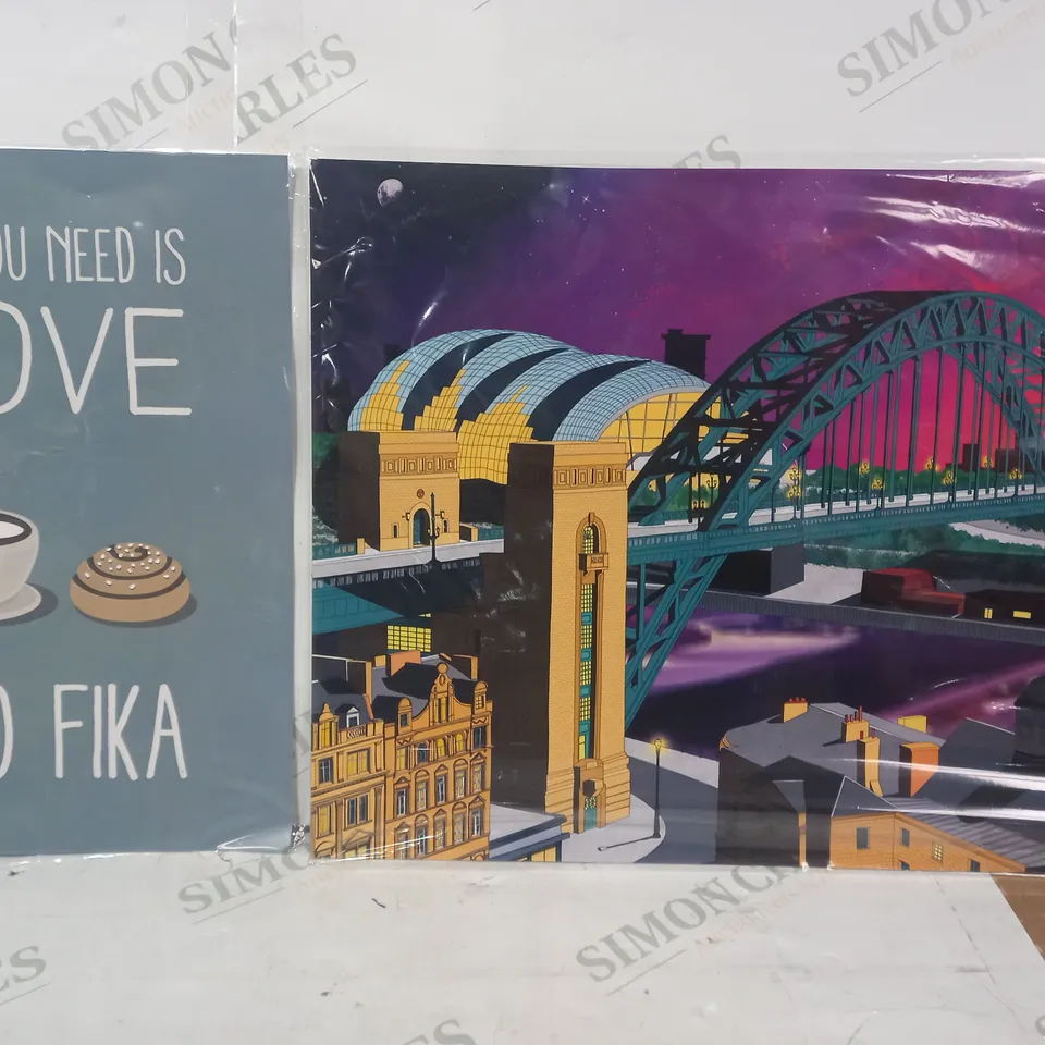 BOX OF APPROXIMATELY 20 ASSORTED ARTWORK ITEMS TO INCLUDE LANDSCAPE ART PRINT, ALL YOU NEED IS LOVE AND FIKA ART PRINT, ETC