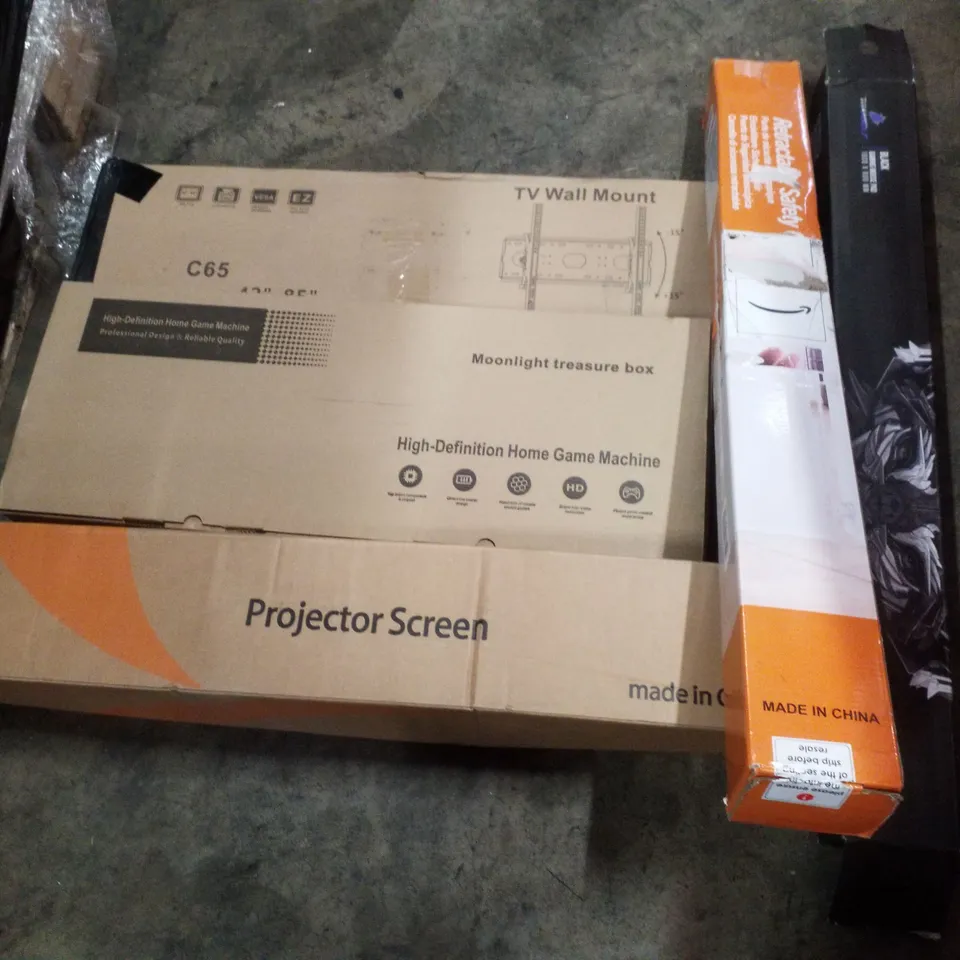 PALLET CONTAINING ASSORTED PRODUCTS INCLUDING PROJECTOR SCREEN, MOONLIGHT TREASURE BOX, TV WALL MOUNT, RETRACTABLE SAFETY & GAMING MOUSE PAD