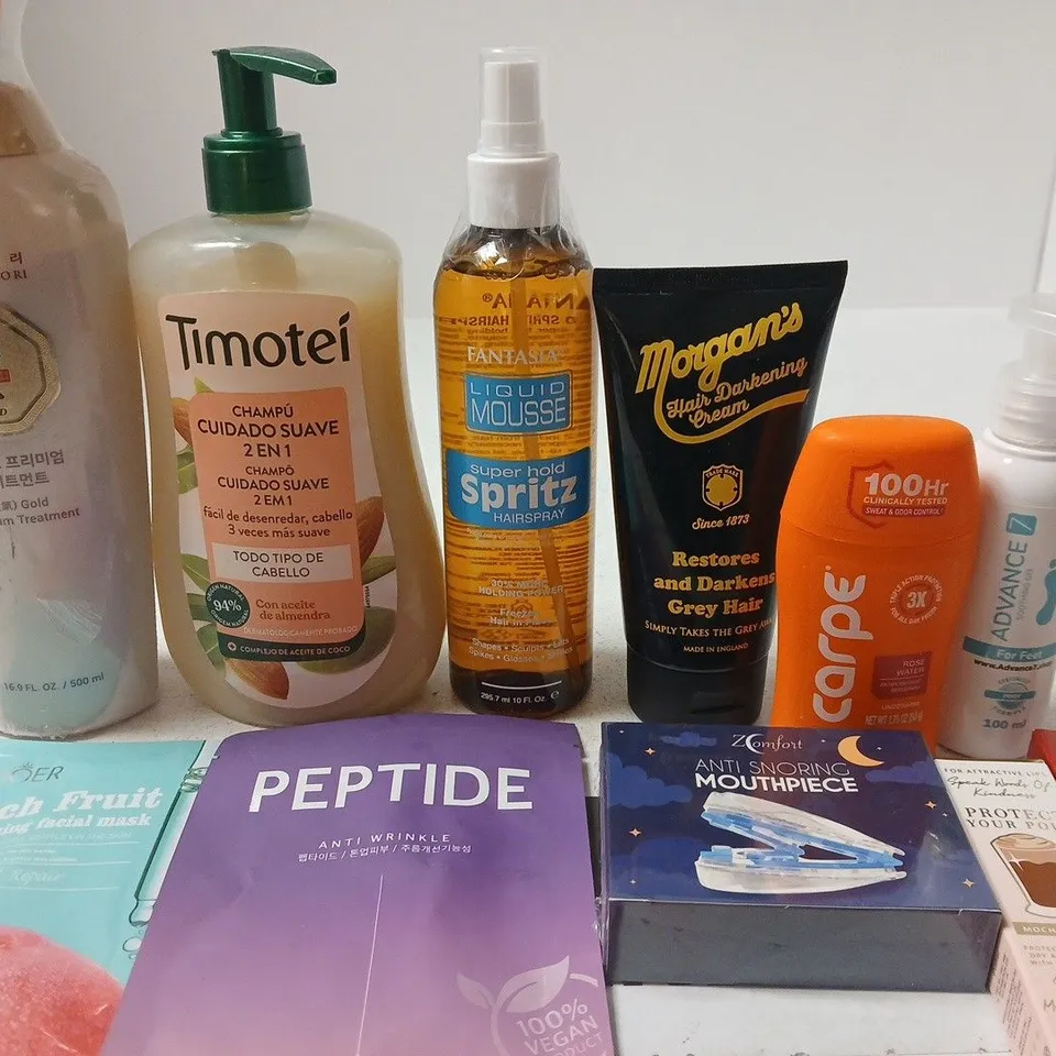 APPROX 12 ASSORTED BEAUTY PRODUCTS TO INCLUDETIMOTEI SHAMPOO, FANTASIA HAIRSPRAY, ANTI SNORING MOUTHPIECE, ETC