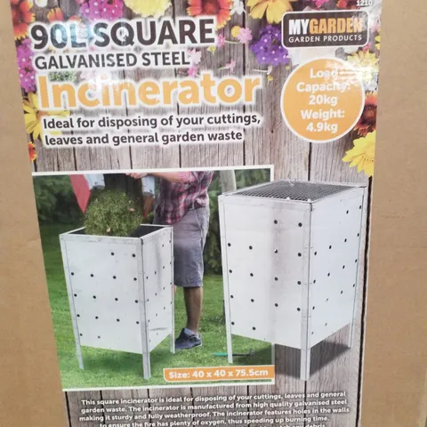 BOXED BRAND MYGARDEN 90L SQUARE GALVANISED STEEL INCINERATOR 