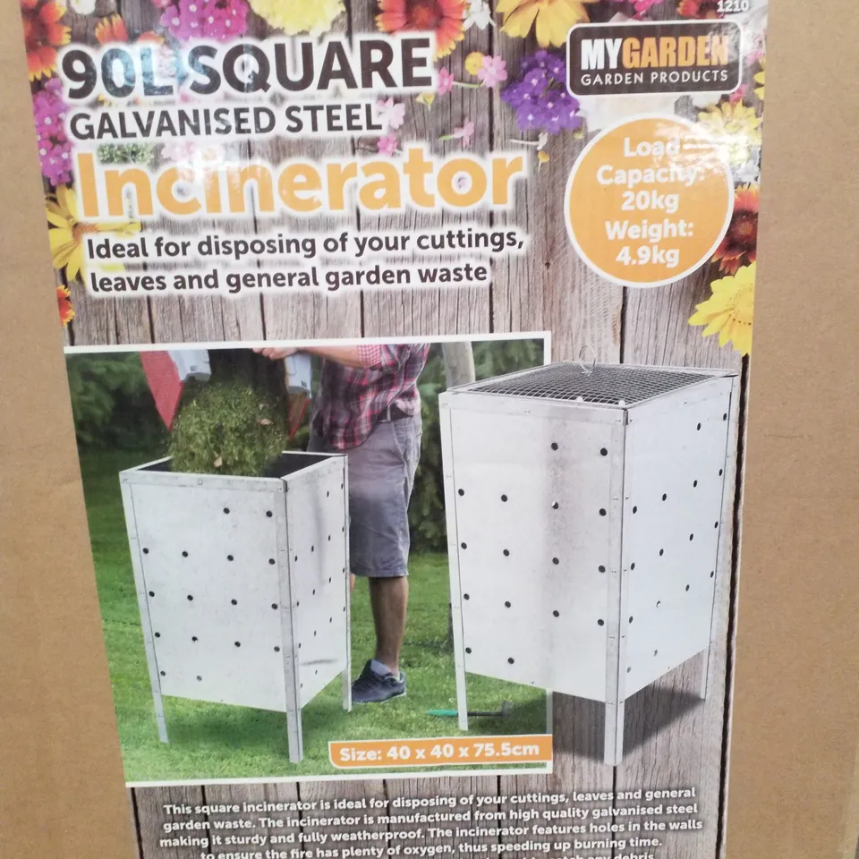BOXED BRAND MYGARDEN 90L SQUARE GALVANISED STEEL INCINERATOR 
