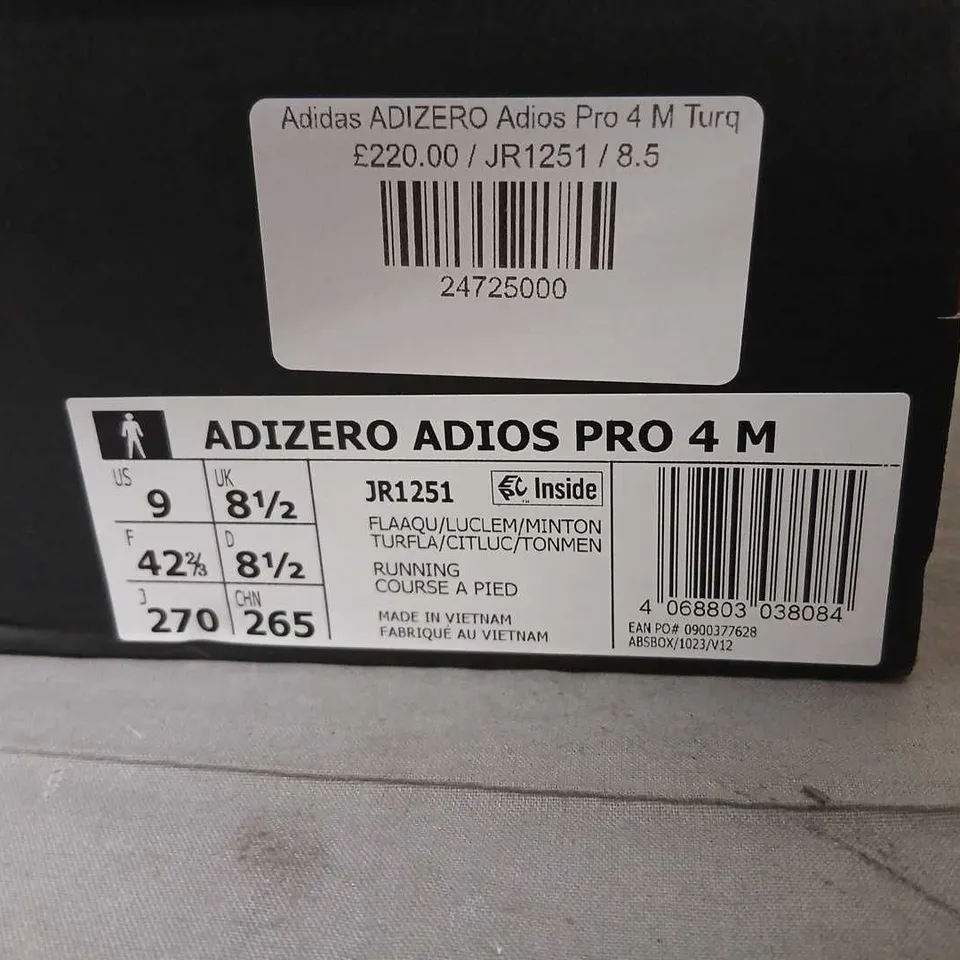 ADIDAS ADIZERO ADIOS PRO 4 M RUNNING SHOES – TURQUOISE/NEON, US 9 (UK 8.5)