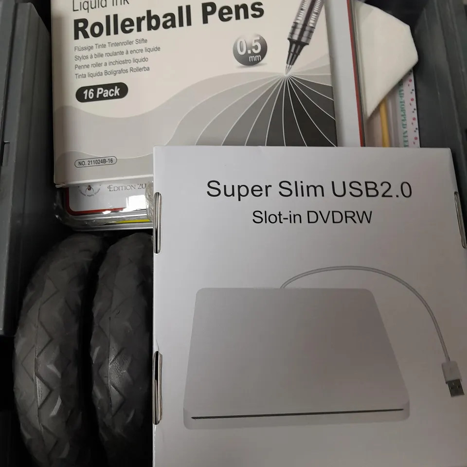 BOX OF APPROXIMATELY 15 ASSORTED ITEMS TO INCLUDE - ROLLERBALL PENS, WHEELS, BLACK WIDOW PENCILS ETC