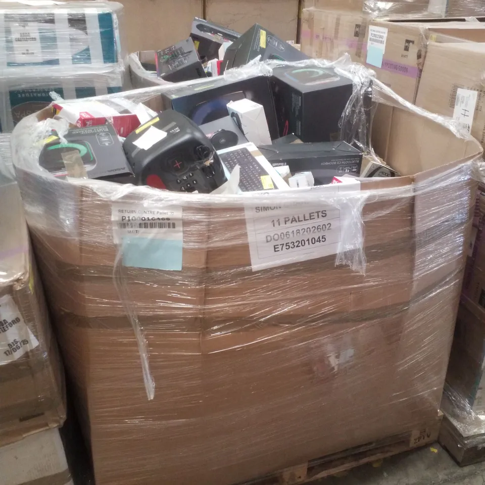 PALLET CONTAINING ASSORTED ELECTRICAL RETURNS INCLUDING BLUETOOTH PARTY SPEAKER, AERIAL, HEADPHONES, UNIVERSAL REMOTES & BLUETOOTH CD BOOMBOX