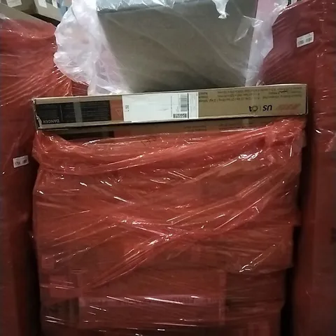 PALLET OF HOUSEHOLD ITEMS TO INCLUDE SOFA, CEILING FAN WITH LIGHT,WALKING VIBRATION PAD AND OTHER ASSORTED ITEMS...