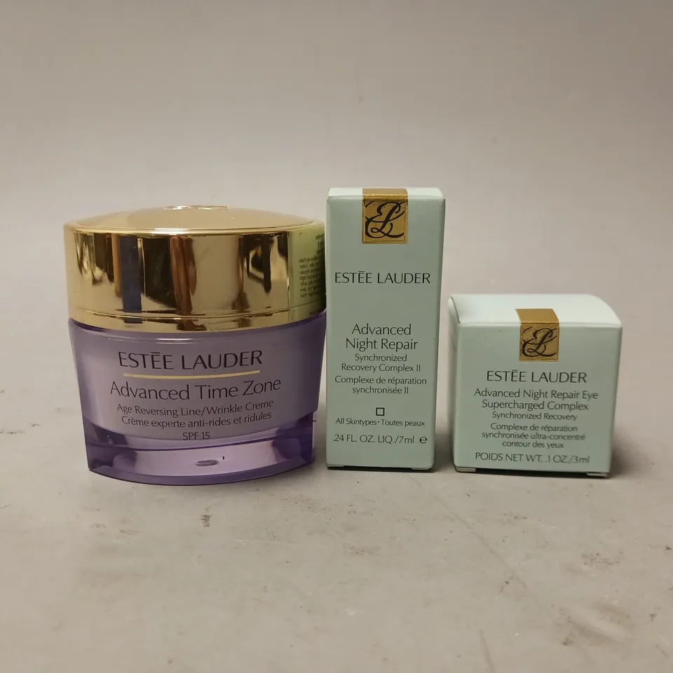 3 ASSORTED ESTÉE LAUDER PRODUCTS TO INCLUDE ADVANCED TIME ZONE AGE REVERSING LINE WRINKLE CRÈME, ADVANCED NIGHT REPAIR RECOVERY COMPLEX, ADVANCED NIGHT REPAIR EYE SUPERCHARGED COMPLEX 