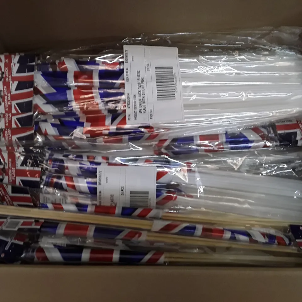 BOX CONTAINING BRAND NEW UNION JACK FLAGS ON STICKS