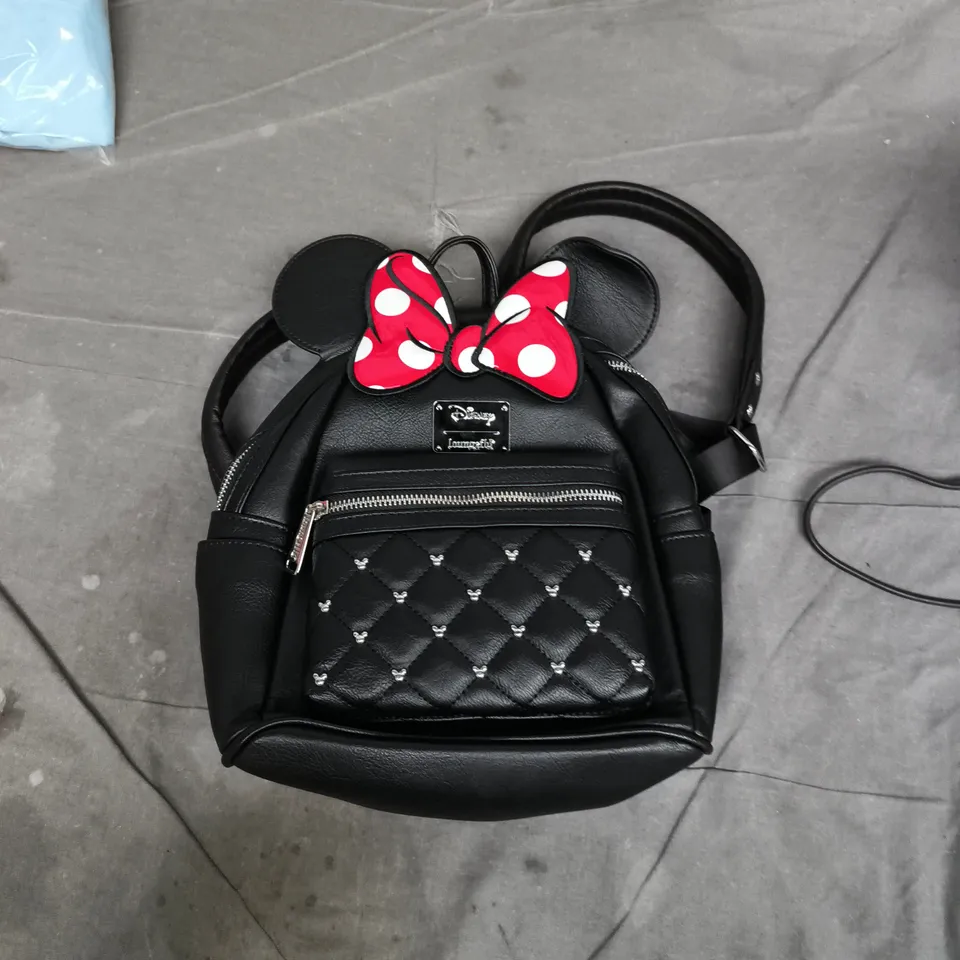 DISNEY LOUNGEFLY MINNIE MOUSE BLACK QUILTED MINI BACKPACK WITH RED BOW