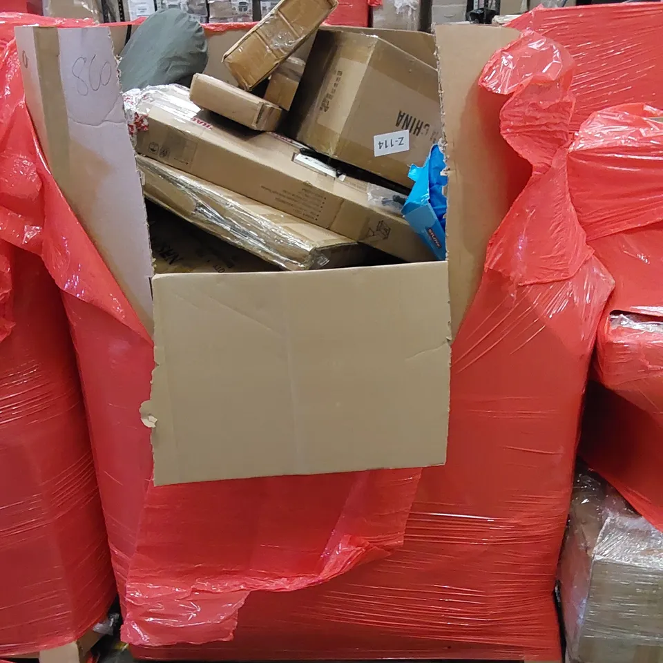 PALLET TO CONTAIN ASSORTED HOUSEHOLD ITEMS AND CONSUMER PRODUCTS. INCLUDING DESK, TOY ASSAULT RIFLES,  DECORATIVE HALLOWEEN ITEMS, BOXED FURNITURE ETC