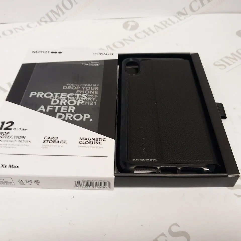 APPROXIMATELY 10 BRAND NEW TECH 21 EVO WALLET CONTAINS FLEX SHOCK 12FT/3.6M DROP PROTECTION, CARD STORAGE AND MAGNETIC CLOSURE FOR IPHONE XS MAX