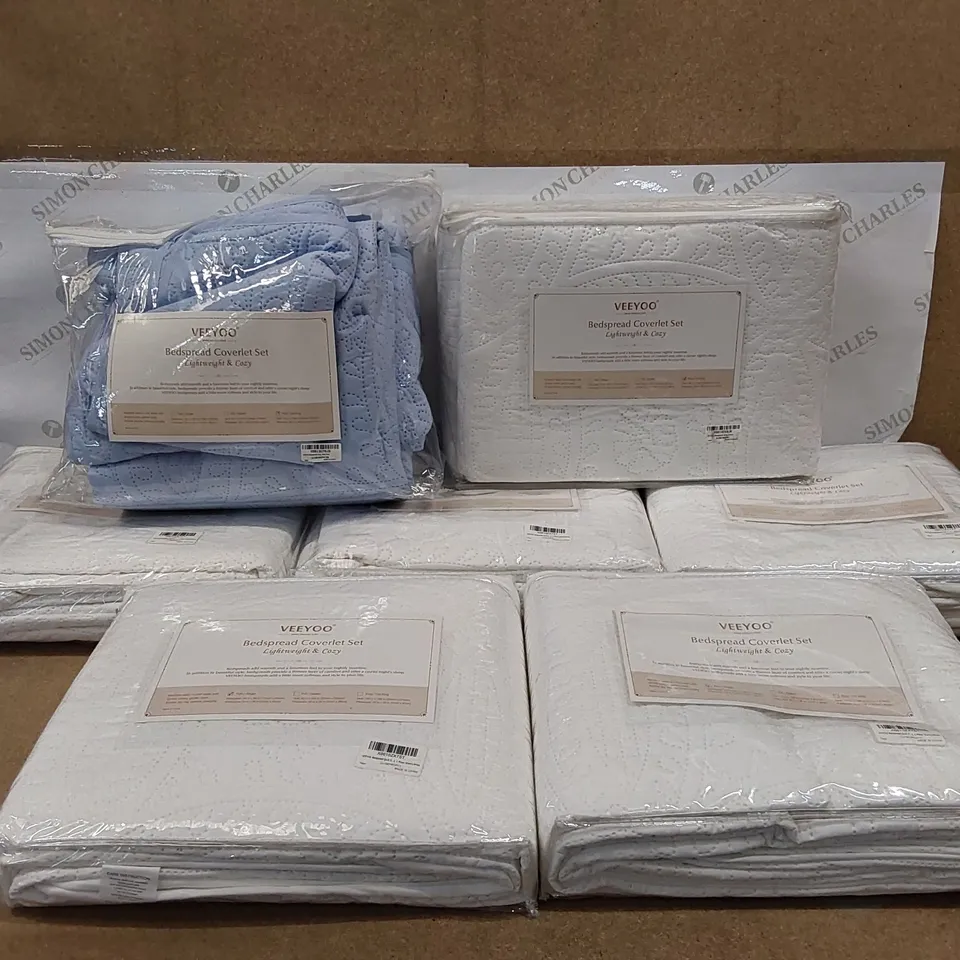BOX OF 7X VEEYOO BEDSPREAD COVERLET SETS - VARIOUS COLOURS AND SIZES (1 BOX)