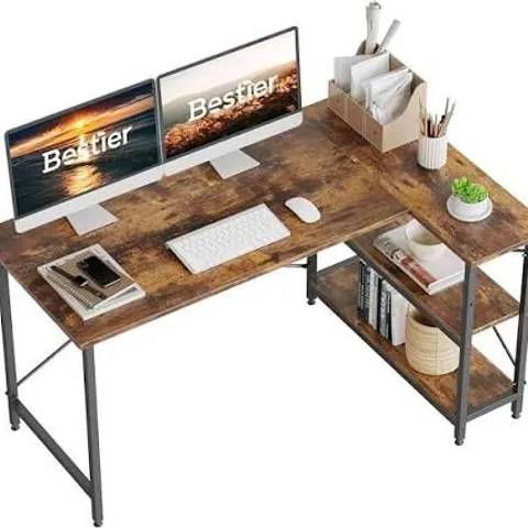 BOXED BESTIER L SHAPED DESK SMALL CORNER SHELVES 120CM, RUSTIC BROWN+ POWER OUTLETS