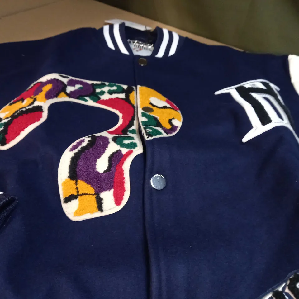DESIGNER NAVY/CREAM FAUX LEATHER DETAILED BOMBER JACKET - MEDIUM