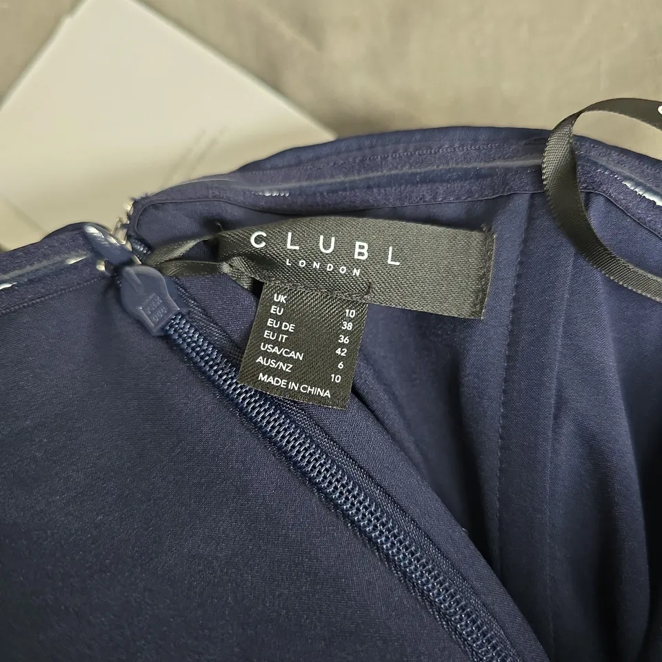 CLUB LONDON EDEL NAVY SATIN MAXI DRESS WITH DRAPED BODICE – UK 10