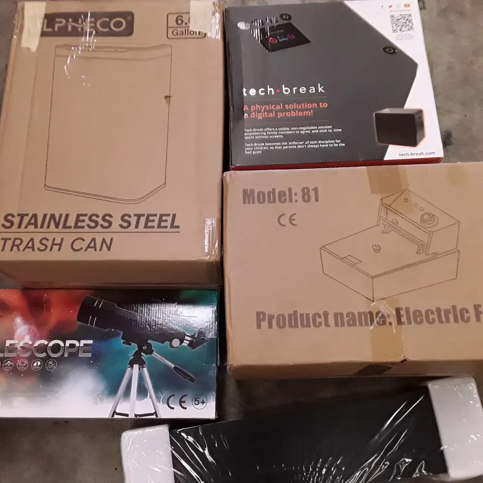 PALLET OF ASSORTED HOUSEHOLD ITEMS TO INCLUDE ELECTRIC FRYER, WALL SHELVES, TRASH CAN AND TELESCOPE