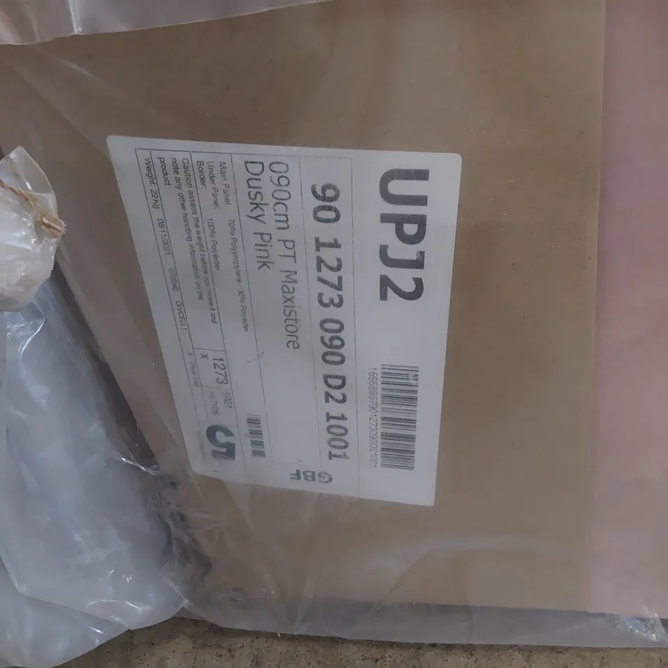 BAGGED 3' SINGLE DIVAN BED COMPRISING GREY CHEQUED MATTRESS & PINK FABRIC STORAGE BASE